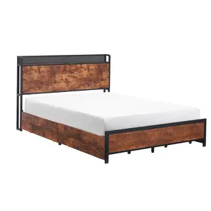 Garvee Full Size Platform Bed Frame with Storage Headboard, 4 Drawers on Wheels, LED Lights, USB Charging Ports, Strong Wood Slats Support, Noise-Free, Easy Assembly, Retro Vintage Style, No Box Spring Needed