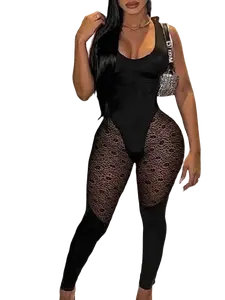 See-through Mesh Patchwork Square Neck Jumpsuit Spandex Womenswear