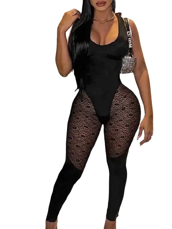 See-through Mesh Patchwork Square Neck Jumpsuit Spandex Womenswear