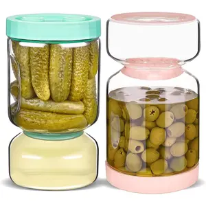 Glass Pickle Jar with Strainer Flip, 2 Pack Pickle Container Olive Hourglass Jars, Airtight Pickle Juice Separator from Wet and Dry, Pickles Storage Jar 51oz