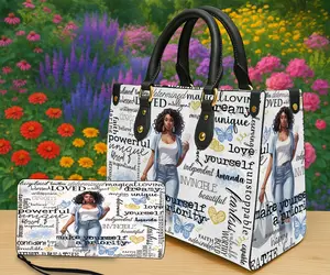 Personalized Word Collage Portrait Handbag & Wallet Options – Custom Name Art Design, Empowering Typography with Modern Woman Illustration, Top Handle Purse or Zipper Wallet, Meaningful Gift for Her