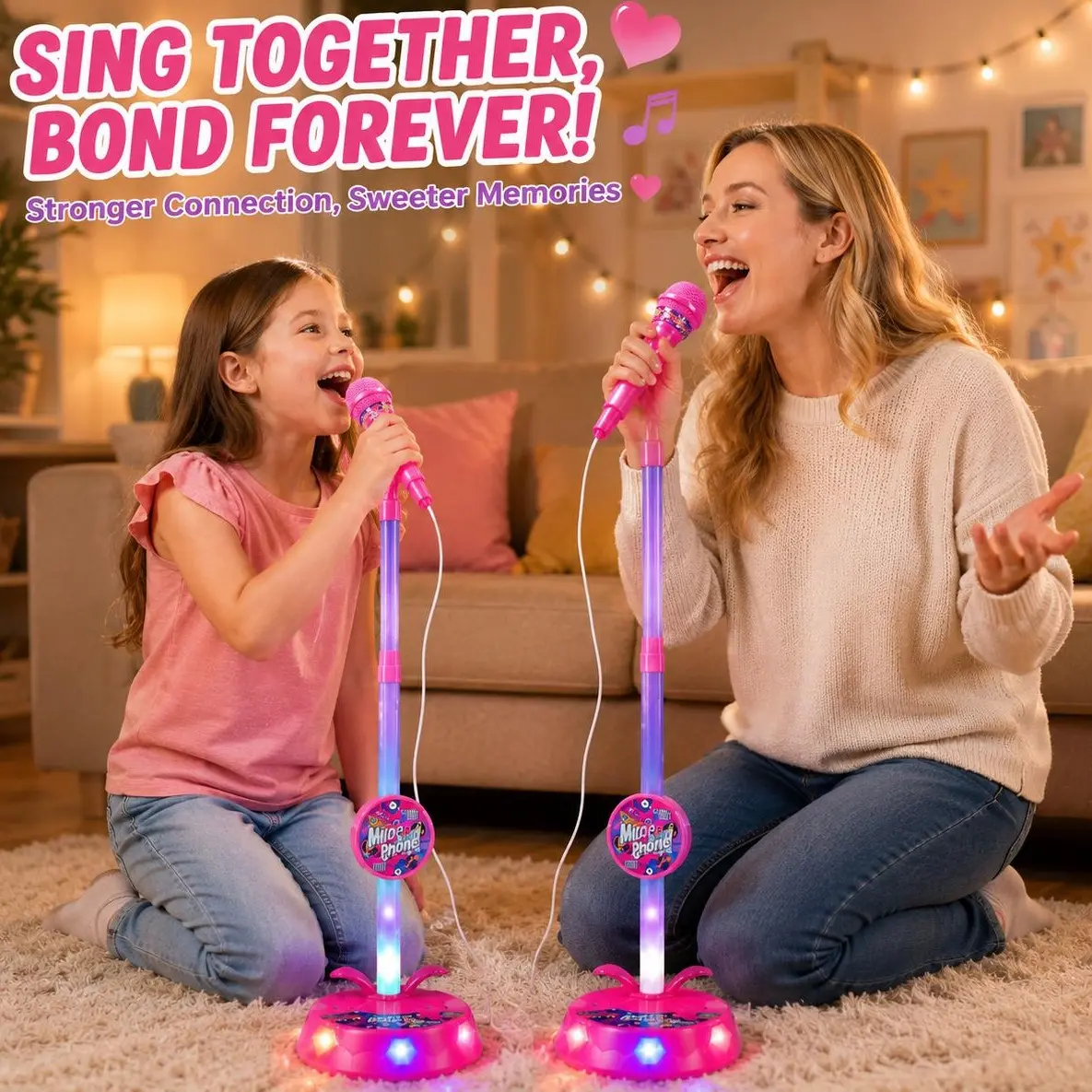Upgraded Kids LED Musical Toy Microphone - Lightweight Portable Karaoke Mic with Adjustable Height Stand, Stable Base, Fast Bluetooth, Dazzling LED Lights, Fun Sound Effects, Easy Smartphone Connection for Kpop, Birthdays (Boosts Confidence via Role-Play)