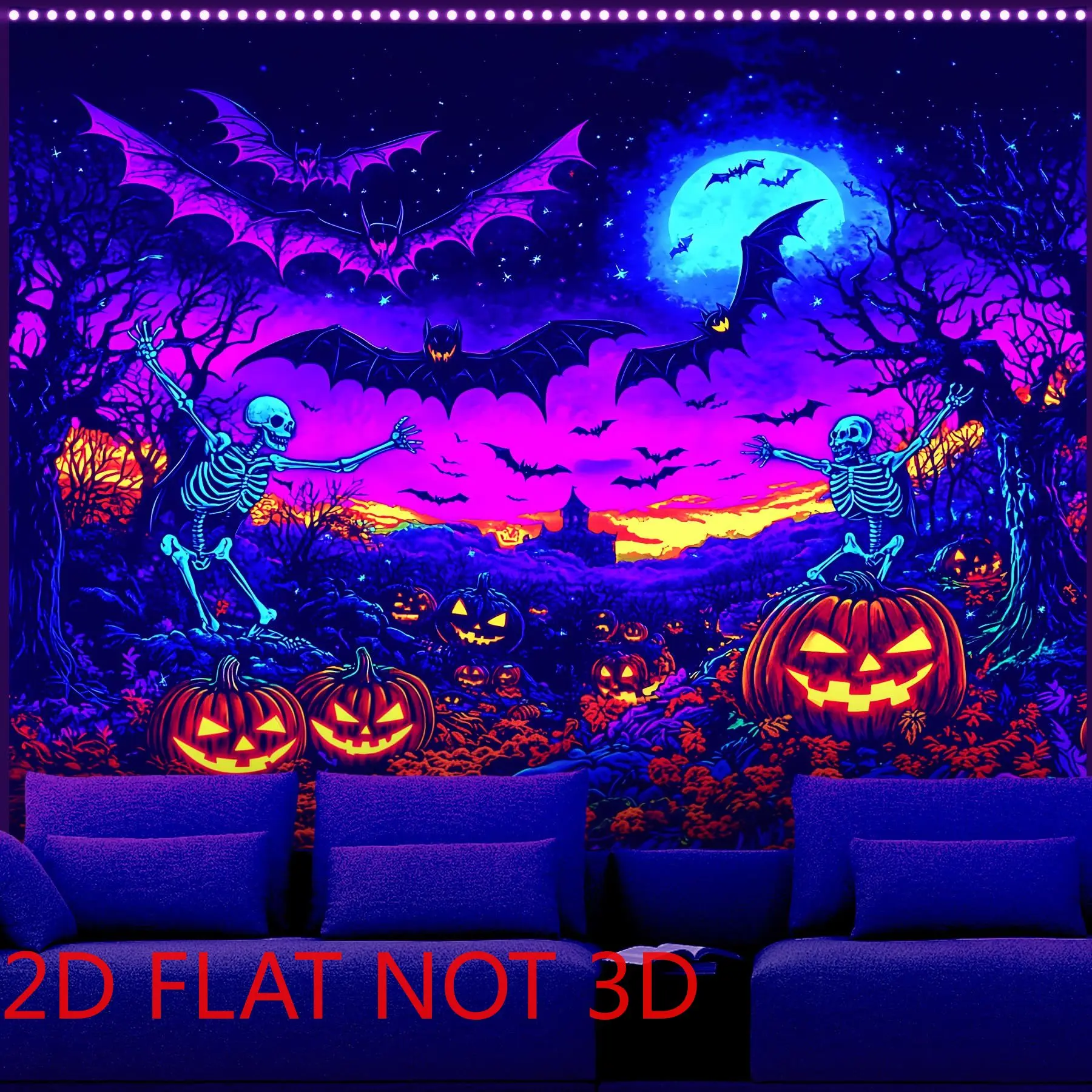 2D Flat UV Reactive Glow in The Dark Vertical Spooky Tapestry - Blacklight Compatible Wall Hanging with Skeletons, Bats, Pumpkins, Gaming Room Decor, Party Use for Mysterious Festive Mood, Family-Friendly, Spooky Tapestries