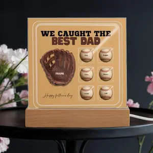 We Caught the Best Dad – Custom Baseball Glove Acrylic Plaque with Kids' Names – Personalized Father's Day Gift with LED Base Option