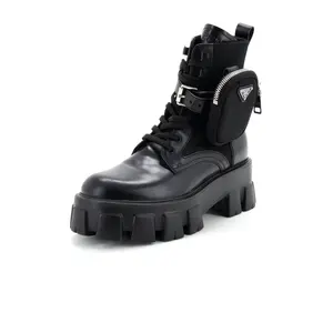 Pre-owned Prada Women's Monolith Combat Boots Leather with Nylon by Rebag