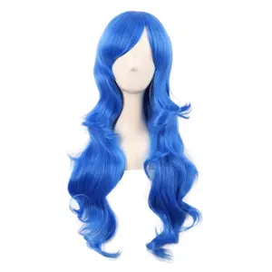 28 Inch/70 cm Charming Women Side Bangs Long Curly Full Hair Synthetic Wig (Bright Blue)