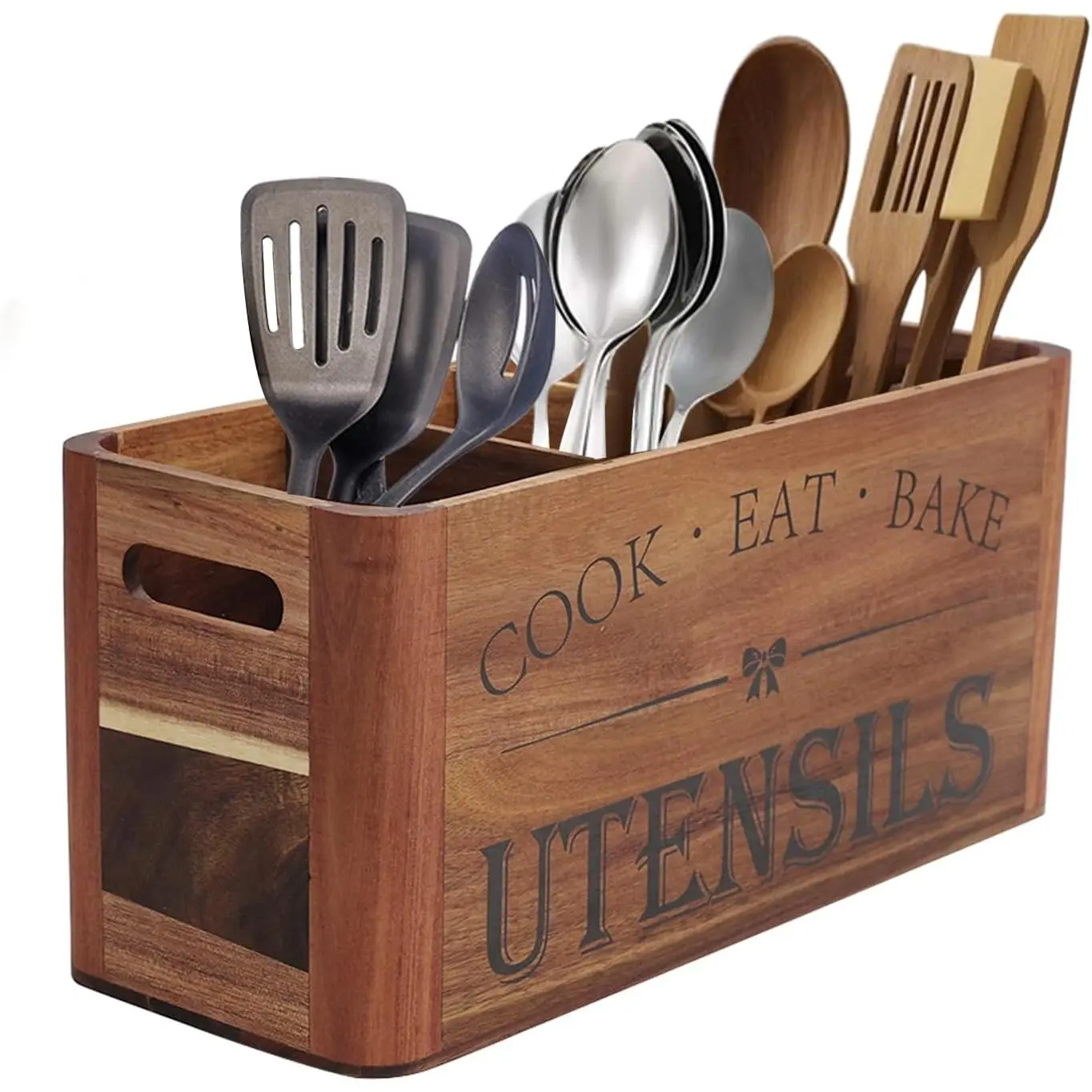 Utensil Holder for Kitchen Countertop -  4 Compartment Wooden Organizer in Acacia , Storage for Cooking Tools and Cutlery, Farmhouse Style for  Cooking
