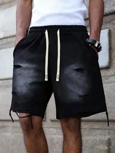 Men's distressed washed shorts, vintage ripped and washed style, fashionable street style, suitable for all seasons.