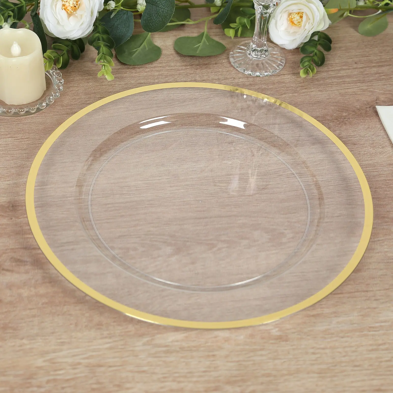 10-Pack Economy Plastic Charger Plates 12" Round Clear with Wide Gold Rim - Dinner Party Serving Plates