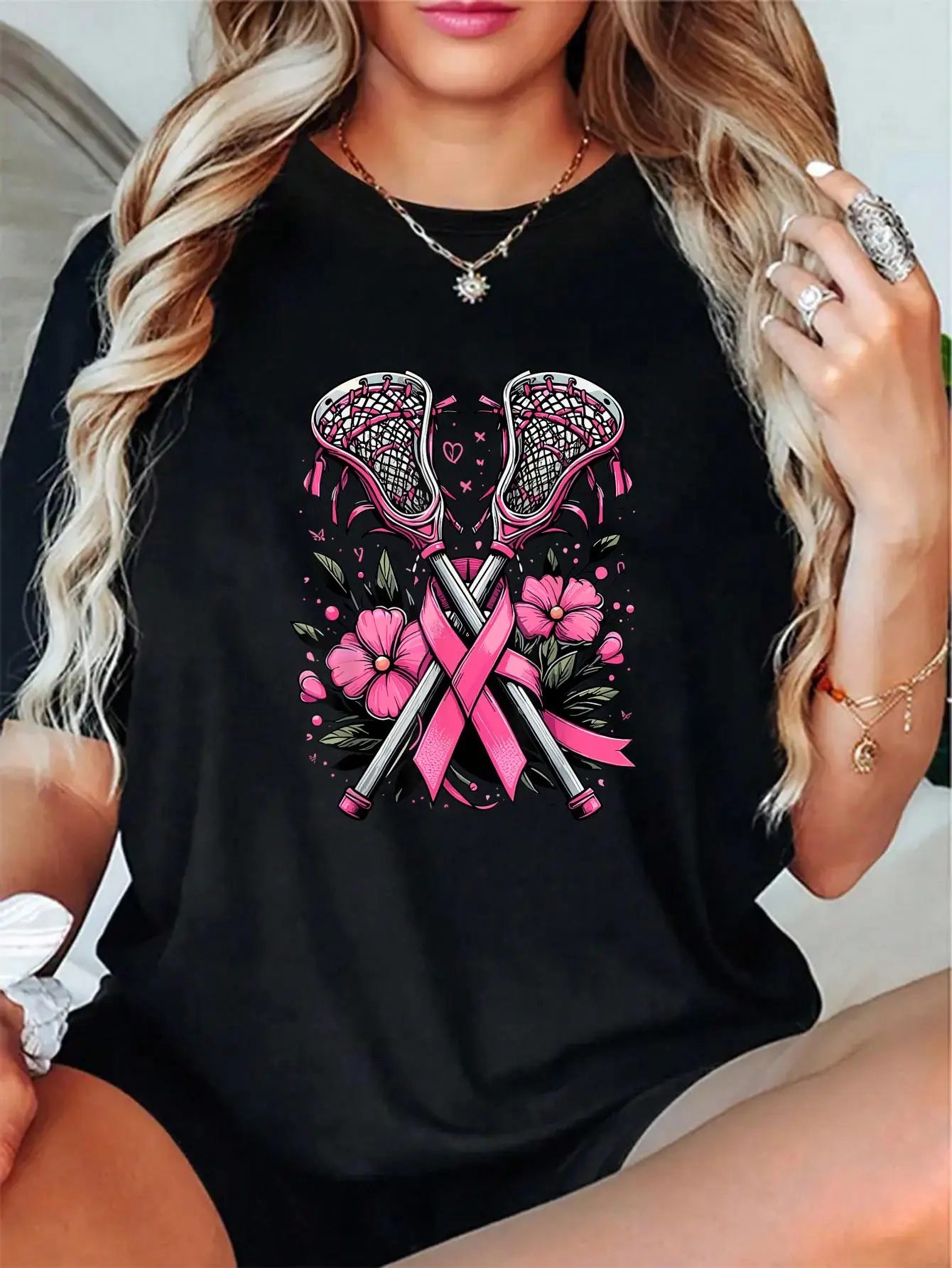 Lacrosse Pink Ribbon Graphic T-Shirt, Cute Casual Short Sleeve Tee in Soft Cotton, Unisex Relaxed Fit Print Top, Love, Fabric, Round Neck, Everyday, Breathable, Women, Style