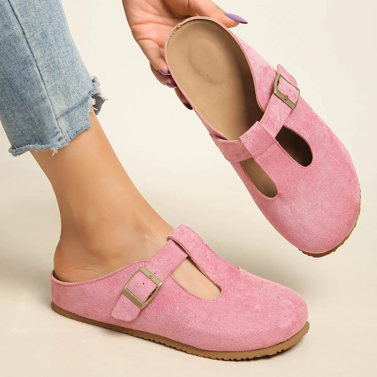 Women's Casual T-Strap Mules, Closed Round Toe Slip-Ons in Soft Fabric with a Faux Leather Adjustable Buckle, Everyday