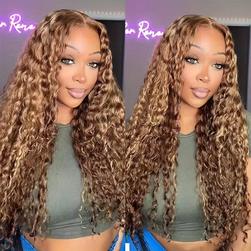 URody P4/27 Highlight Brown Color Deep Wave Human Hair Wig 13x6 HD Lace Frontal Wig Honey Blonde Ombre Wig 180% Density