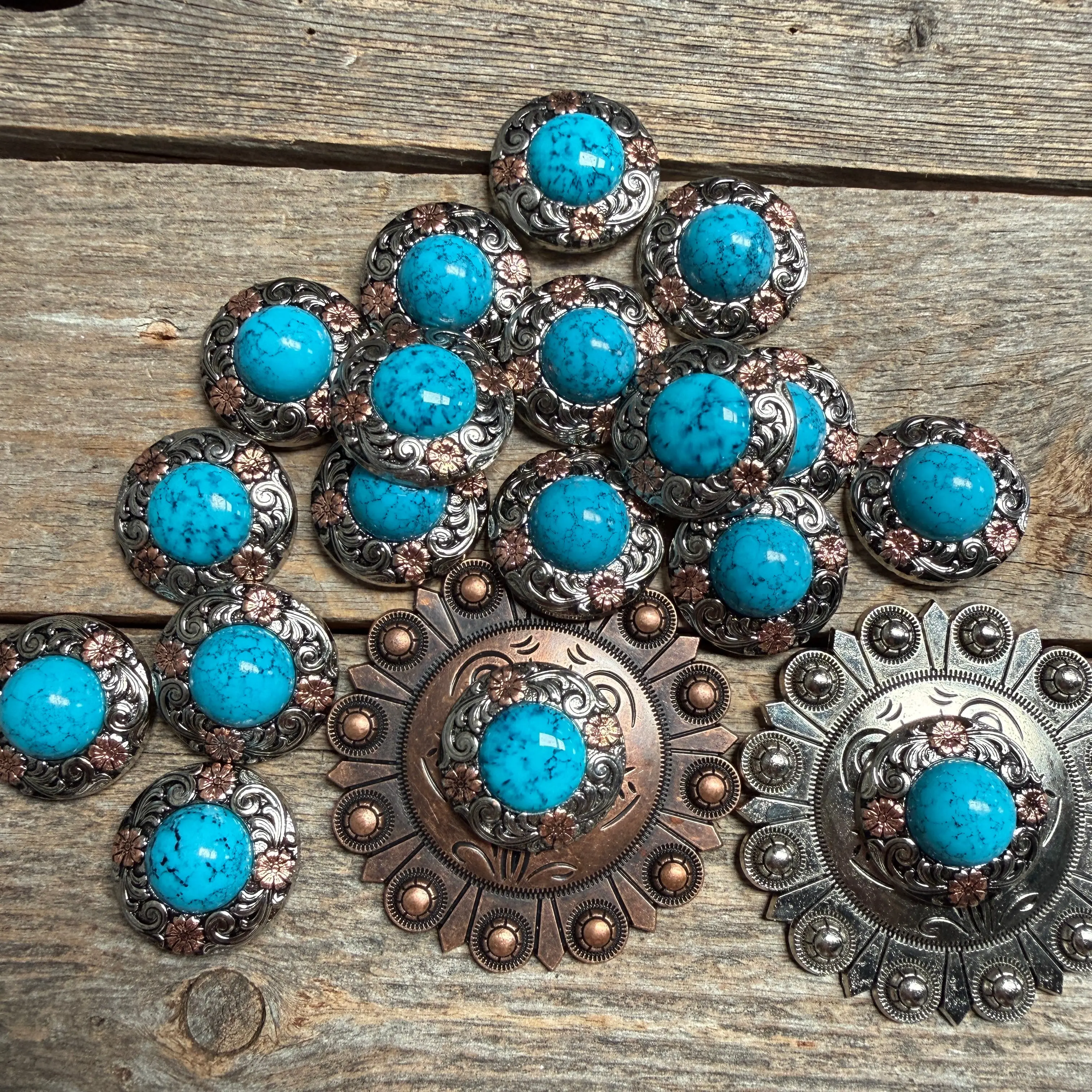Antique Silver Turquoise Copper Floral Western Concho W222