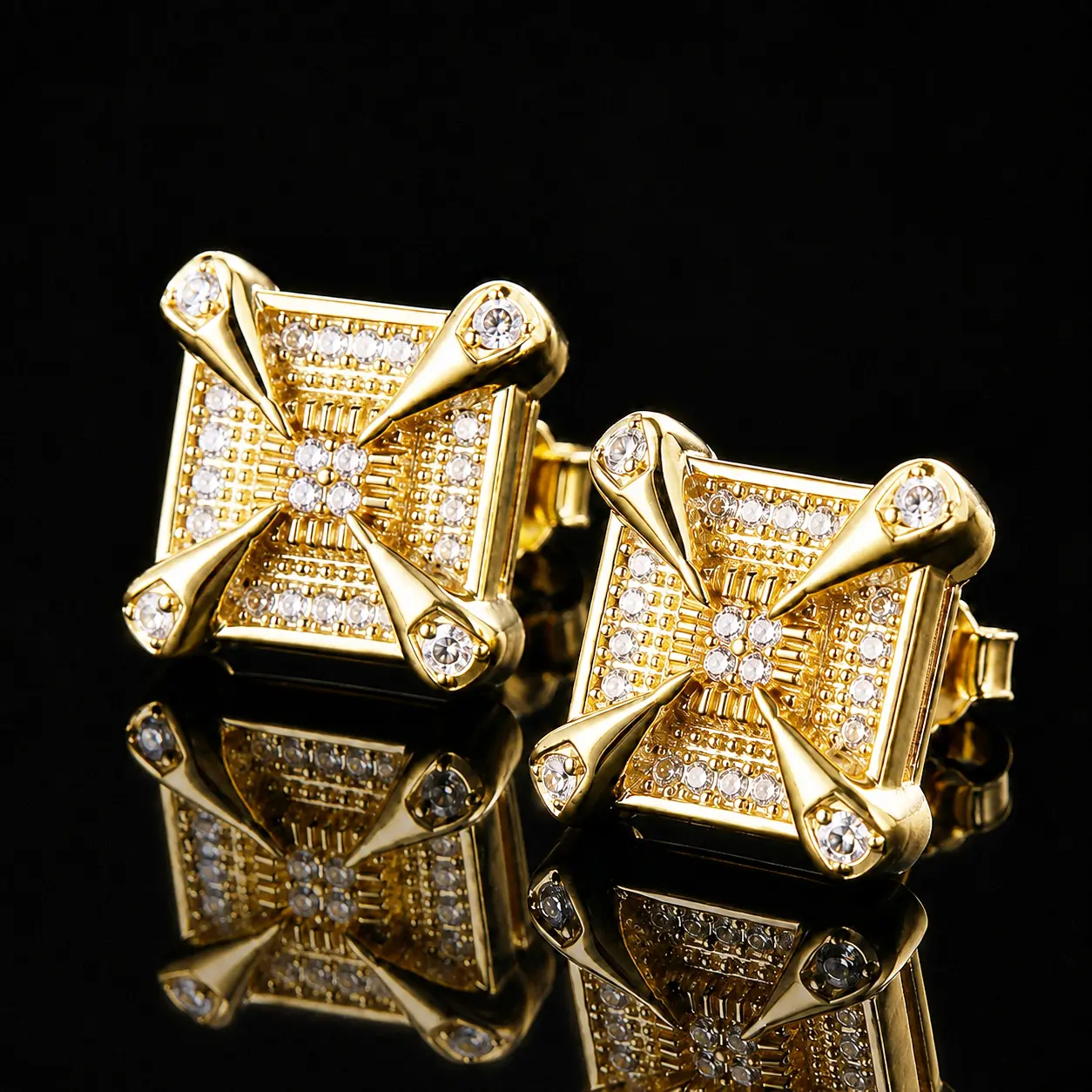 Luxury Hip Hop Bling Square Stud Earrings 14K Gold Plated, 5A Grade Cubic Zirconia Hypoallergenic Earrings for Men Women, Daily Party Fashion Jewelry Gift Accessories