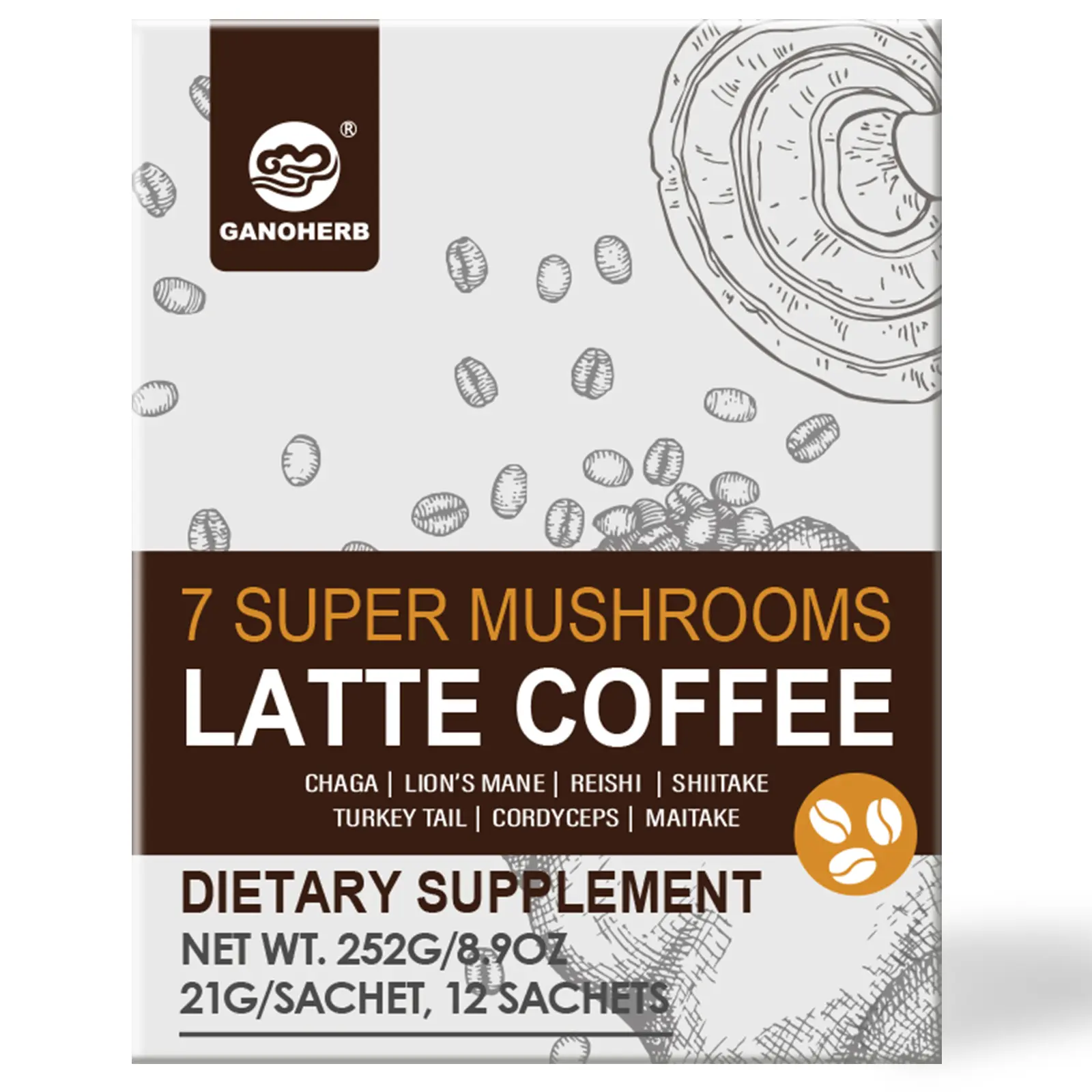 GANOHERB 7-in-1 Mushroom Latte Coffee, Reishi Coffee Blend with Chaga, Maitake, Snow Fungus & Deer Antler, Instant Coffee for Support for Focus and Immunity, 12 Sachets