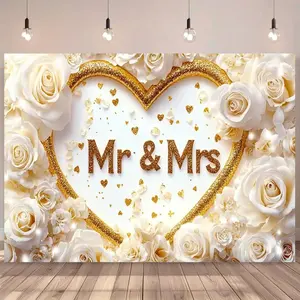 1pc 2D Flat Mr & Mrs Wedding Backdrop - / Polyester Heart Flower Design for Wedding Party, Bridal Shower, Newlywed Photography - No Electricity Required, Featherless Banners White