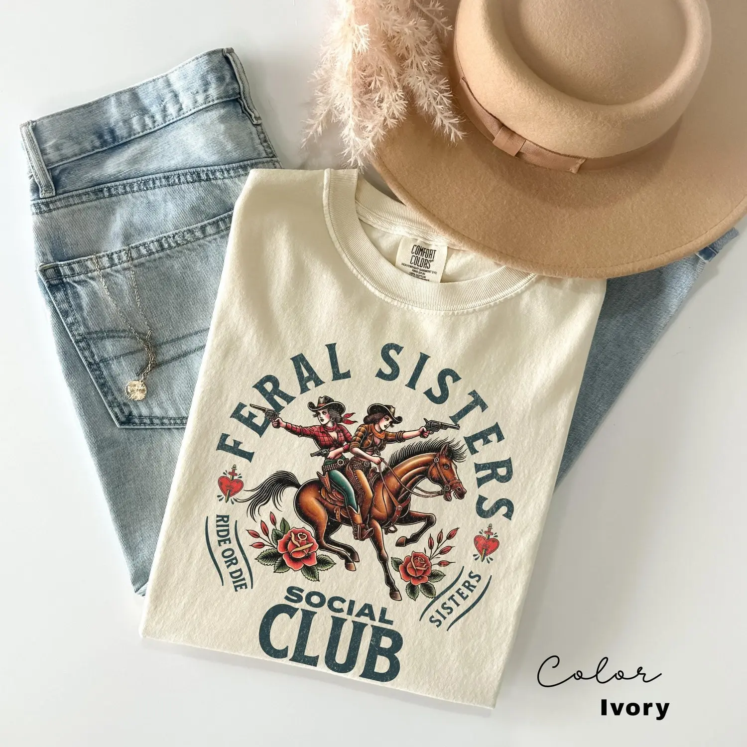 Comfort Colors Funny Sisters Shirt, Feral Sisters Social Club, Big Sister Tshi, Vintage Cowgirl , Funny Western,  Womenswear