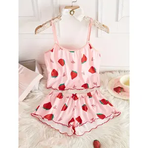 New Strawberry Print Sleepwear Set Women's Ribbed Pajamas with Hearts & Bow Soft Comfy Set with Shorts Cute Summer,Home Relaxation Or Bedroom Style, Nightgown Outfit, Bedroom Attire