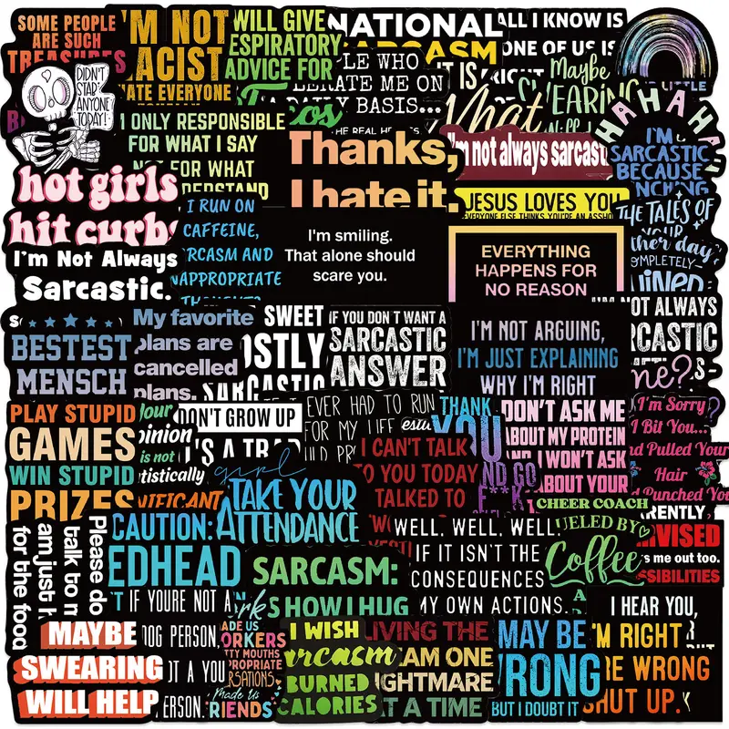 50 Pcs Sarcasm Stickers Funny Stickers Cartoon Text Phrases Handmade Material Craft Decorative Guitar Notebook Decals, Sticker Pack, Flat Style, No Ca Prop 65 Warning