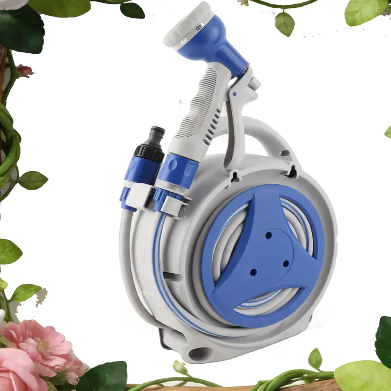 Retractable Garden Hose Reel Shower with 8-in-1 Sprayer Nozzle 43Ft Hose Portable Water Hose Reels with Spray Lock and Pipe Storage Bracket Standard Pipe Connector for Indoor Outdoor Watering Cleaning