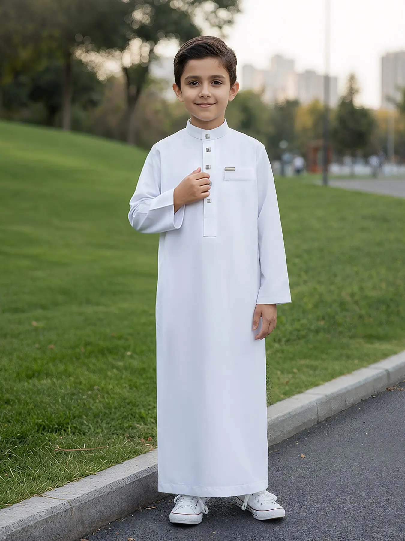 Muslim Boy Long thobe Robe with Square Button Stand Collar, Long Sleeve Side Pockets, Suitable for 8-12 Years, Comfortable Fashion Kids Clothing