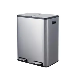 16 Gallon Dual Compartment Trash Can for Kitchen, 2x30L Commercial Recycling Bin with Soft-Close Lids & Pedals, Stainless Steel Garbage Can with Removable Inner Buckets for Restaurant Garage