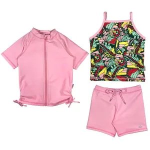 Girls Short Sleeve Rash Guard + Tankini Shorts Set (3 Piece) - "Butterfly Love"