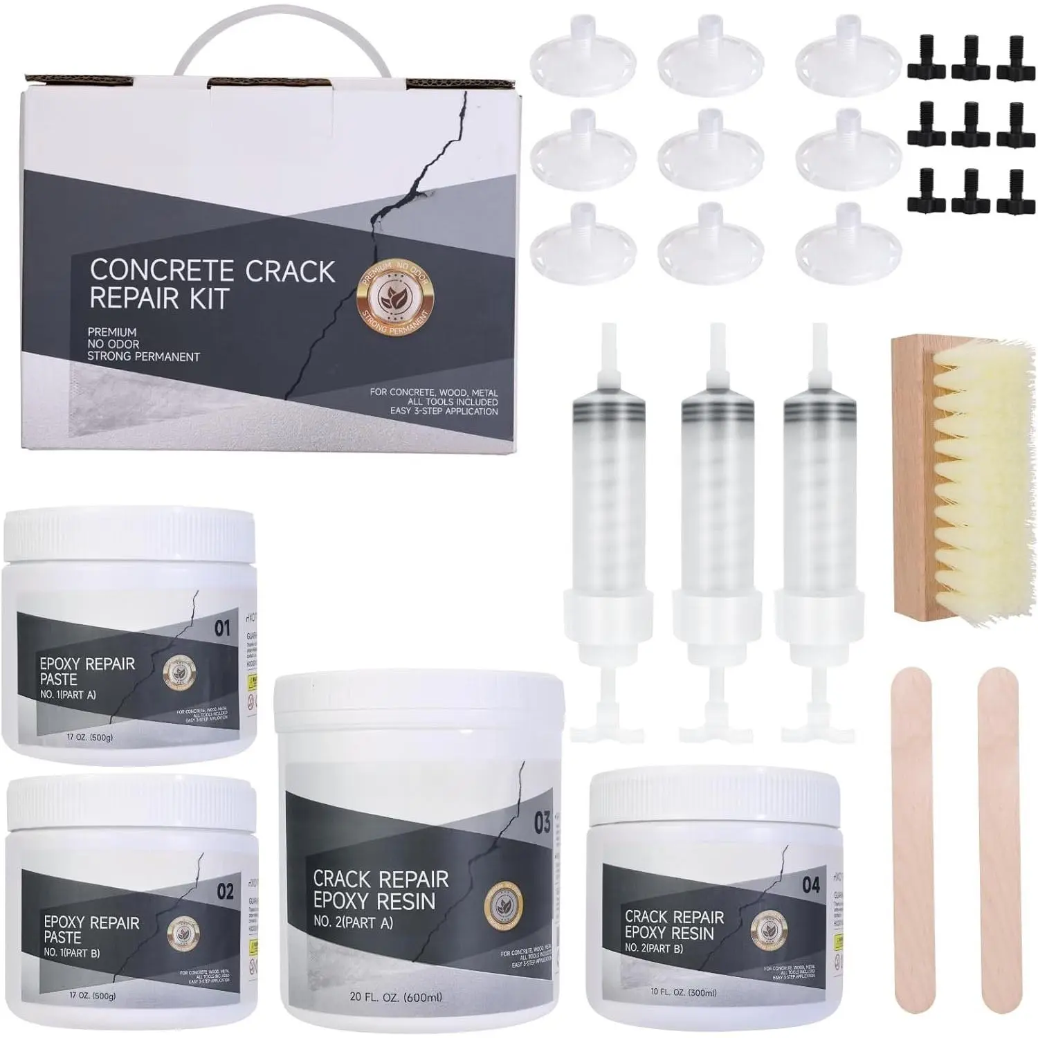 Concrete Foundation Crack Repair Kit (1 Kit) - 34 oz & 30 fl oz Drill-Free Automatic Injector Filler with Injector Tip, Quick-Setting Sealer for Basement Walls, Stops Water Leaks & Radon Gas, for DIY Users Home Improvement