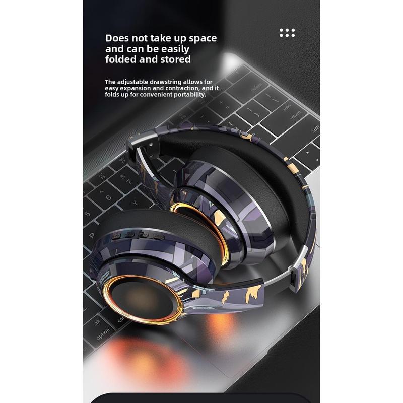 Luminous wireless over-ear Bluetooth headphones with SD card slot, noise cancellation, suitable for gaming and mobile phones.
