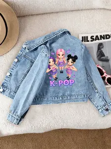 Girls' Casual Fashion Denim Jacket, Sweet Cool Kpop Girl Group Print, Comfortable Fit, Suitable for School and Dates, Ages 12 and Under