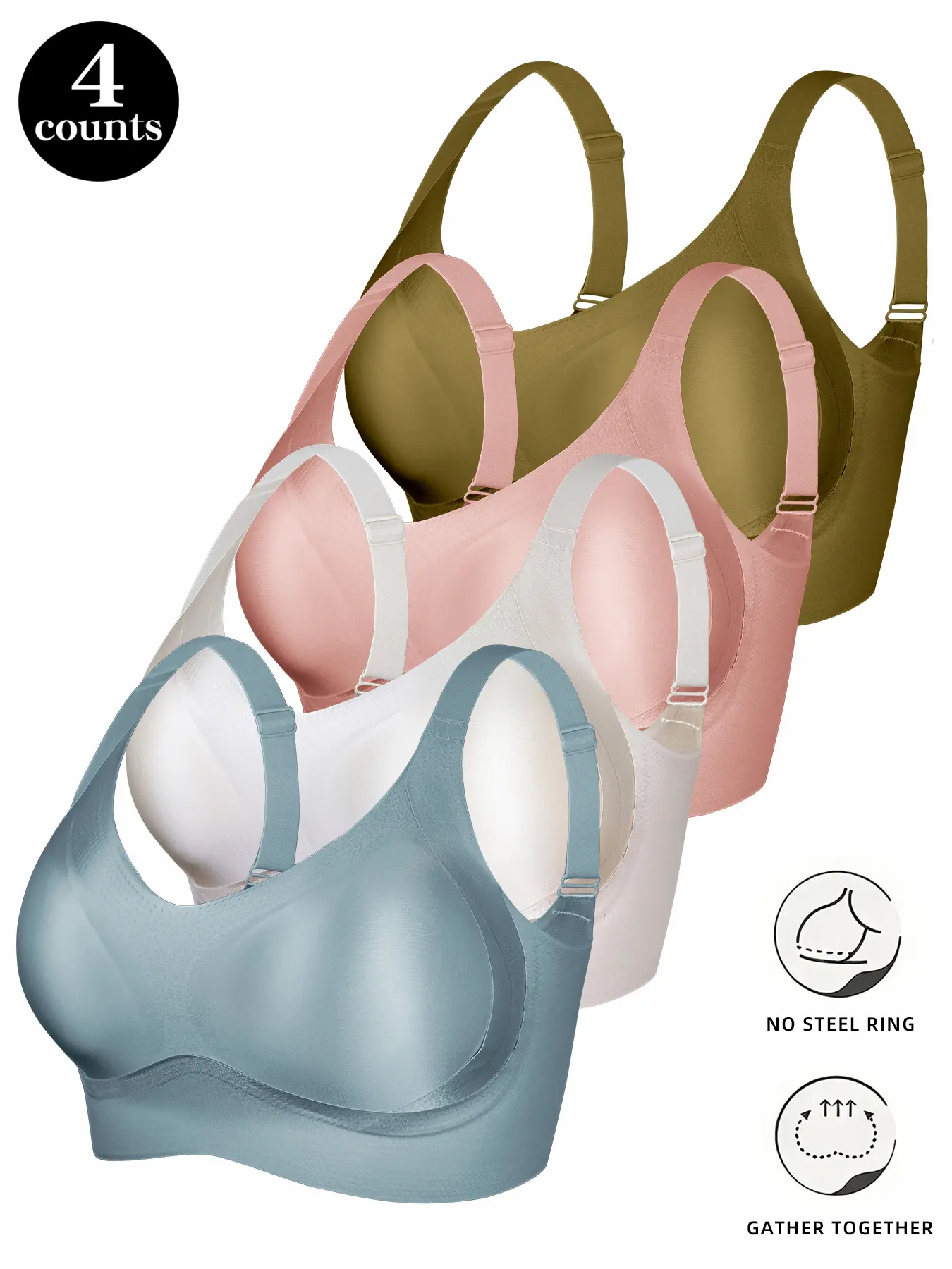 Women's Plain Bralettes Set, No Steel Cup Design, Wireless, Fitted & Lined Comfortable Everyday Bras, All-Season Soft Breathable Innerwear, Elegant Style, Solid Wireless Bralette