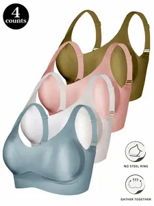 Women's Plain Bralettes Set, No Steel Cup Design, Wireless, Fitted & Lined Comfortable Everyday Bras, All-Season Soft Breathable Innerwear, Elegant Style