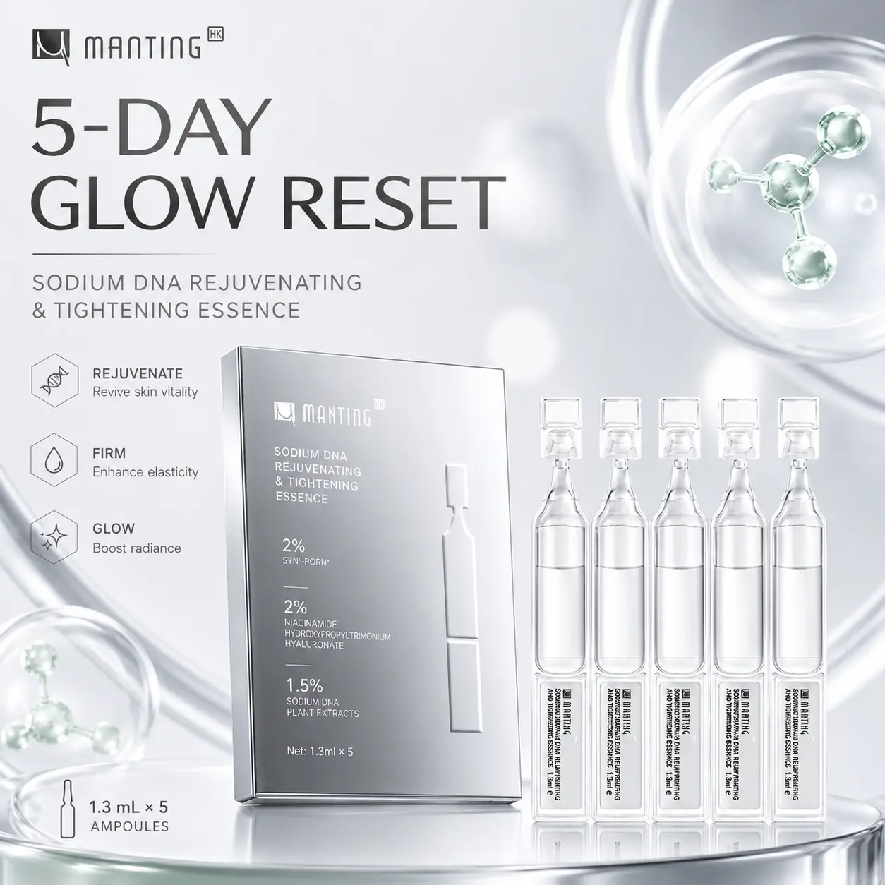 MantingHK Sodium DNA 5-Day Glow Ampoule Trial Kit, 2% PDRN-Inspired Essence Tubes for Tired, Dull-Looking Skin, Hydrating & Smoother-Looking Glow Serum, 1.3ml x 5