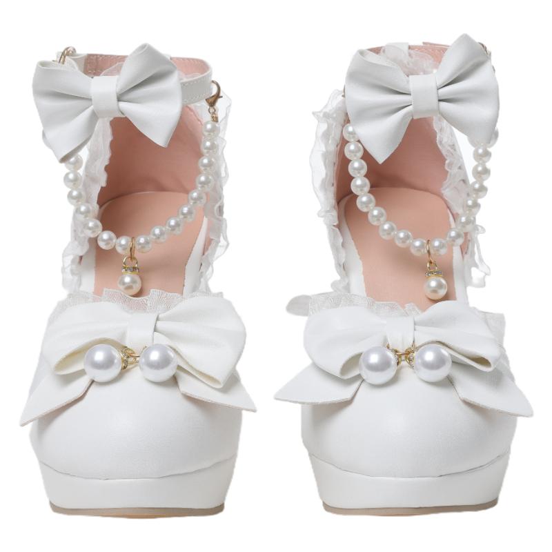 Womens Ankle Strap Lace Beads High Heel Mary Janes Bowtie Round Toe Pump Shoes Sweet Lolita Shoes