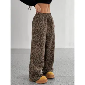 Chic Leopard Print Drawstring Straight-Leg Pants for Women - Casual, Non-Stretch Polyester Blend, Machine Washable - for Spring/Summer/Fall