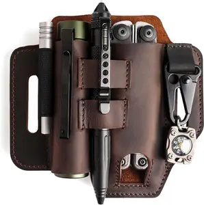 Multitool Sheath for Belt - EDC Belt Organizer - Leather Multitool Holster with Flashlight Holder, Elastic Band Pen Holder and  Clip - Multitool Holder - Multitool Pouch, Darkbrown