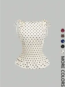 Women's Polka Dot Bow Shoulder Strap Gathered Waist Pleated Vest, Stylish Casual Top for Everyday Wear, Comfortable and Trendy Design