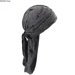 Distressed Black Durag - Trendy Ripped Frayed Edge Headwrap Bandana with Tie Back, Breathable Soft Stretch Fabric, Perfect for Streetwear Hip Hop Festival Daily Hair Protection & Edgy Urban Style