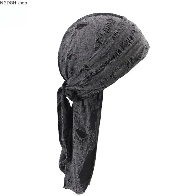 Men's Accessories Distressed Black Durag - Trendy Ripped Frayed Edge Headwrap Bandana, Tie Back, Breathable Soft Stretch Fabric, Ideal for Streetwear, Hip Hop Hair Protection & Edgy Urban Style