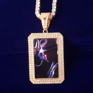 Hip Hop Square Dog Tag Custom Photo Pendant Necklace | Iced Out Copper Chain with Cubic Zirconia | Trendy Streetwear Jewelry