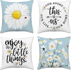 Hexagram Spring Summer Pillow Covers 18X18 Set of 4, Floral Daisy Outdoor Decorative Throw Pillow Covers, Blue Farmhouse Cushion Case for Couch Sofa Living Room Bedroom Home Indoor Decor(No Insert)