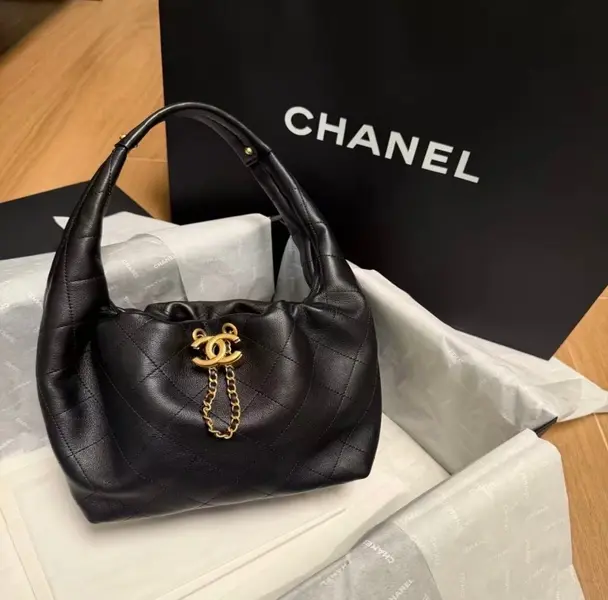 ‮ LENAHC  ‬22 Hobo Women Shoulder Bag, Black Quilted Calf Leather Gold‑Tone CC Logo Hardware Large Capacity Underarm Handbag