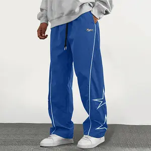 Men’s straight-leg pants with a star pattern, drawstring waist, and pockets; casual street-style pants with letter paneling and contrast lacing. Suitable for everyday wear and ideal for all seasons.