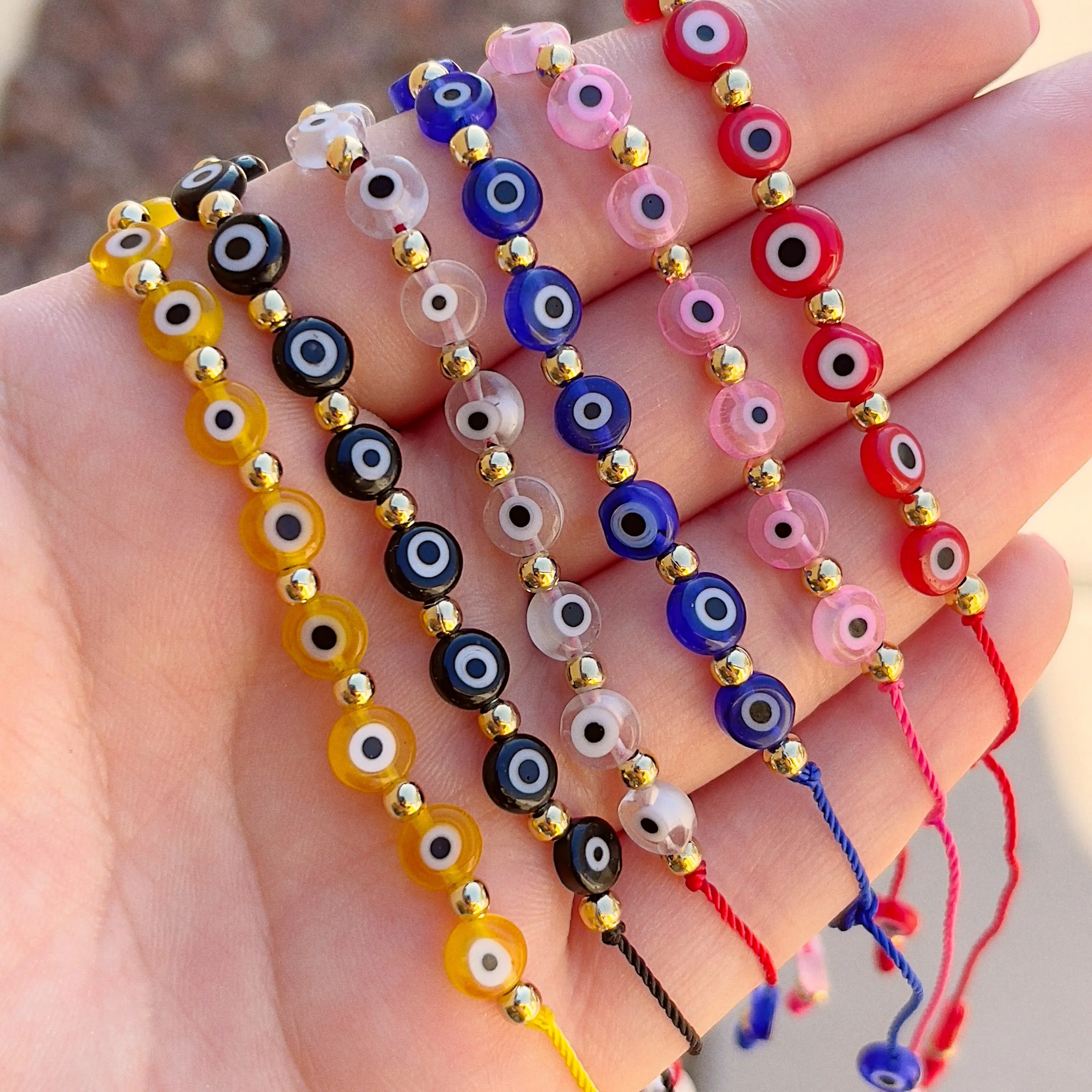 Adjustable Beaded Design Evil Eye Graphic Bracelet - Pull-On Eye Symbol Bracelet & Bangle, Small-Sized Fashionable Costume Jewelry, All-Season Fashion Accessory, Evil Eye Graphic Bracelets & Bangles