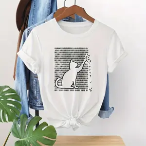 Women's Binary Code Cat Graphic Tee - Coding Nerd Gift, Flattering Summer Tops