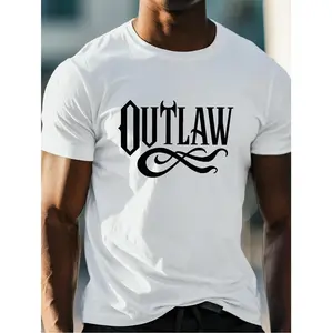 Men's Stylish Monochrome Outlaw Print Cotton Short Sleeve T-Shirt For Summer Casual Wear