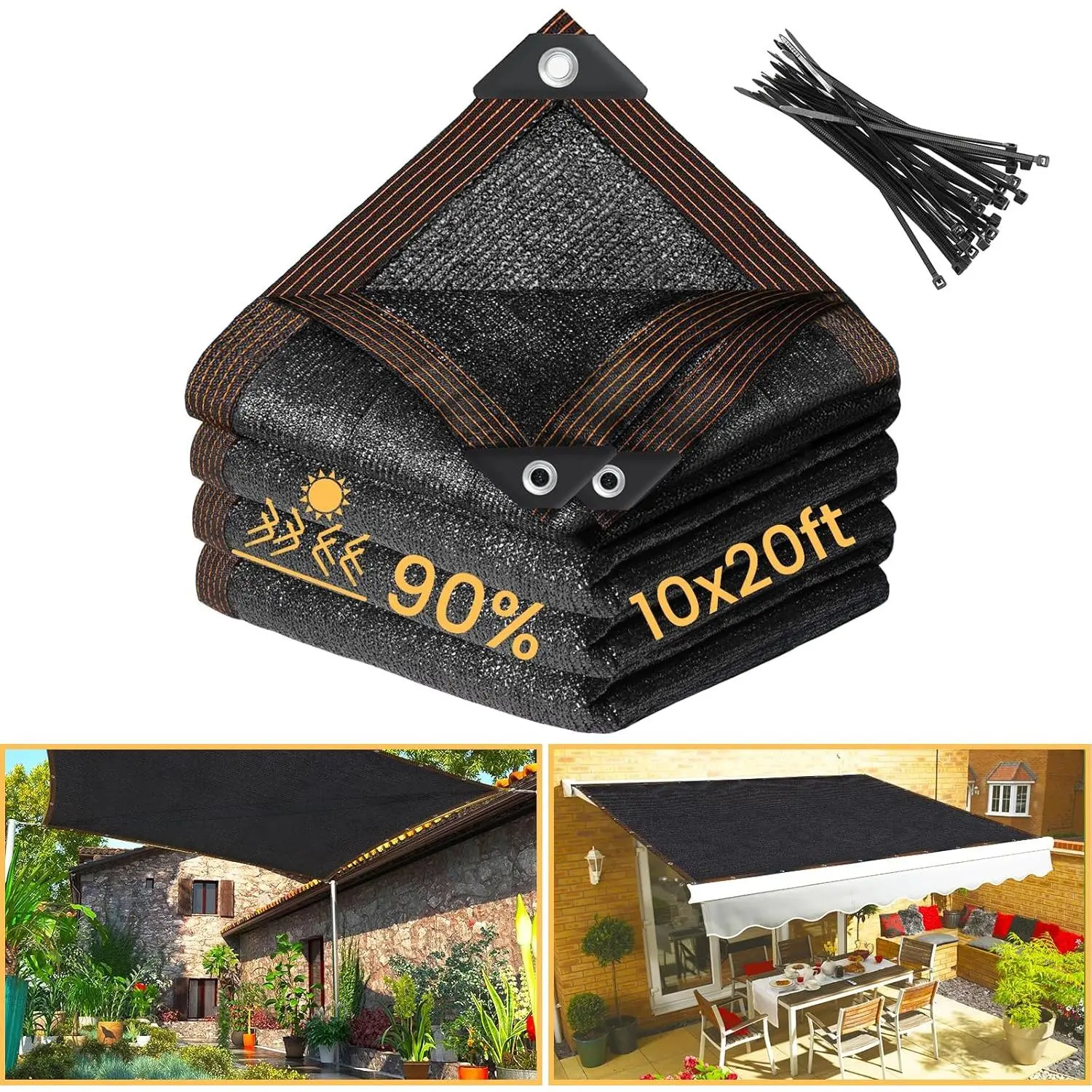 90% Black Shade Cloth- 10 x 20 FT Sunblock Garden Shade Cloth, Sun Shade Mesh Tarp with Reinforced Grommets for Greenhouse, Garden, Patio, Backyard, Plants, Pergola, Chicken Coop JianShuLuxe