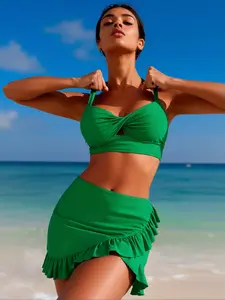 S-XL Green 3-Piece Bikini Set with Ruffled Skirt, 80% Nylon 20% Spandex