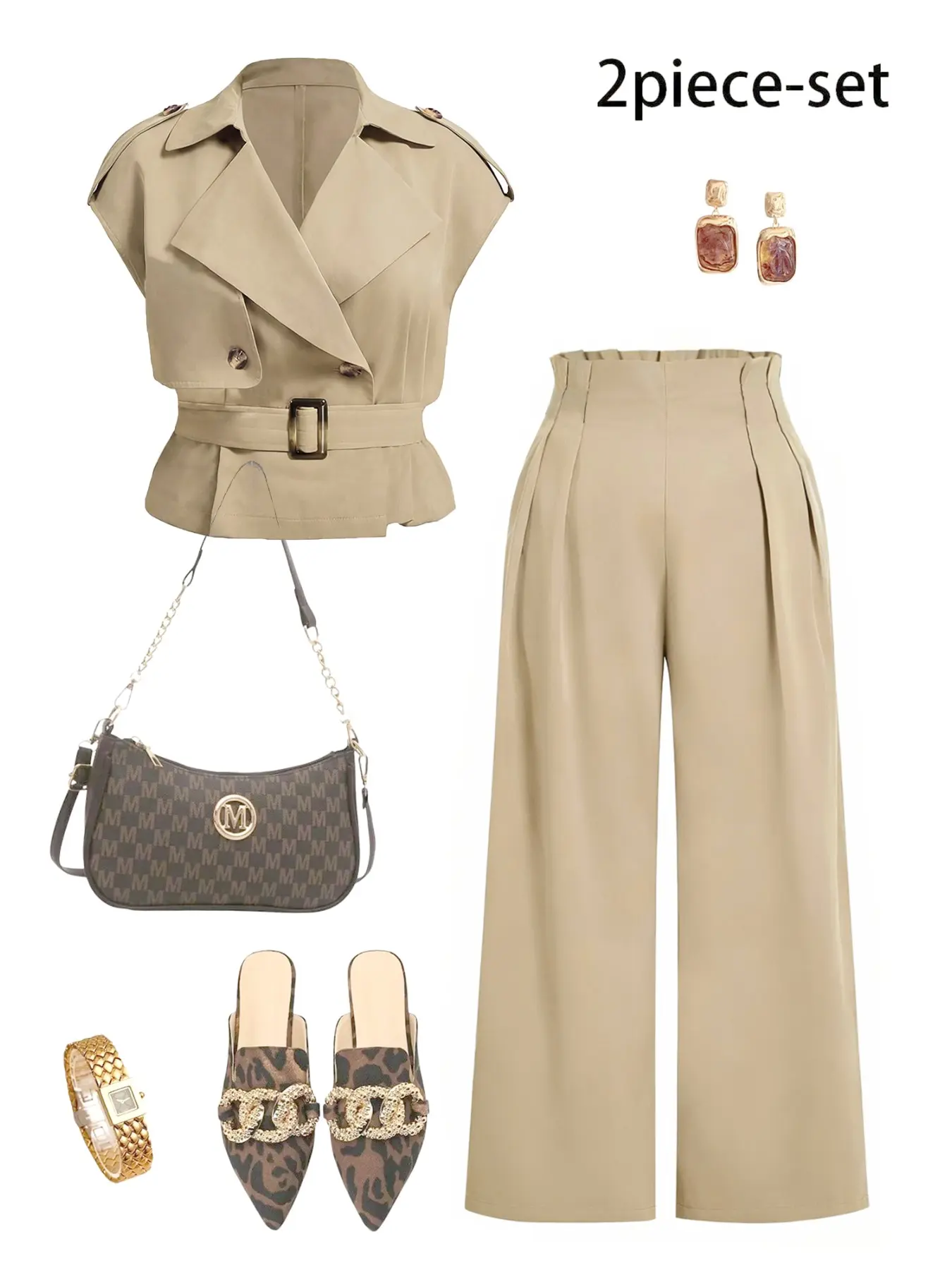 Women's Sleeveless Button Waist Belt Long Pants Set, Casual Daily Wear, Comfortable Fashion Design Nk-0004-511031