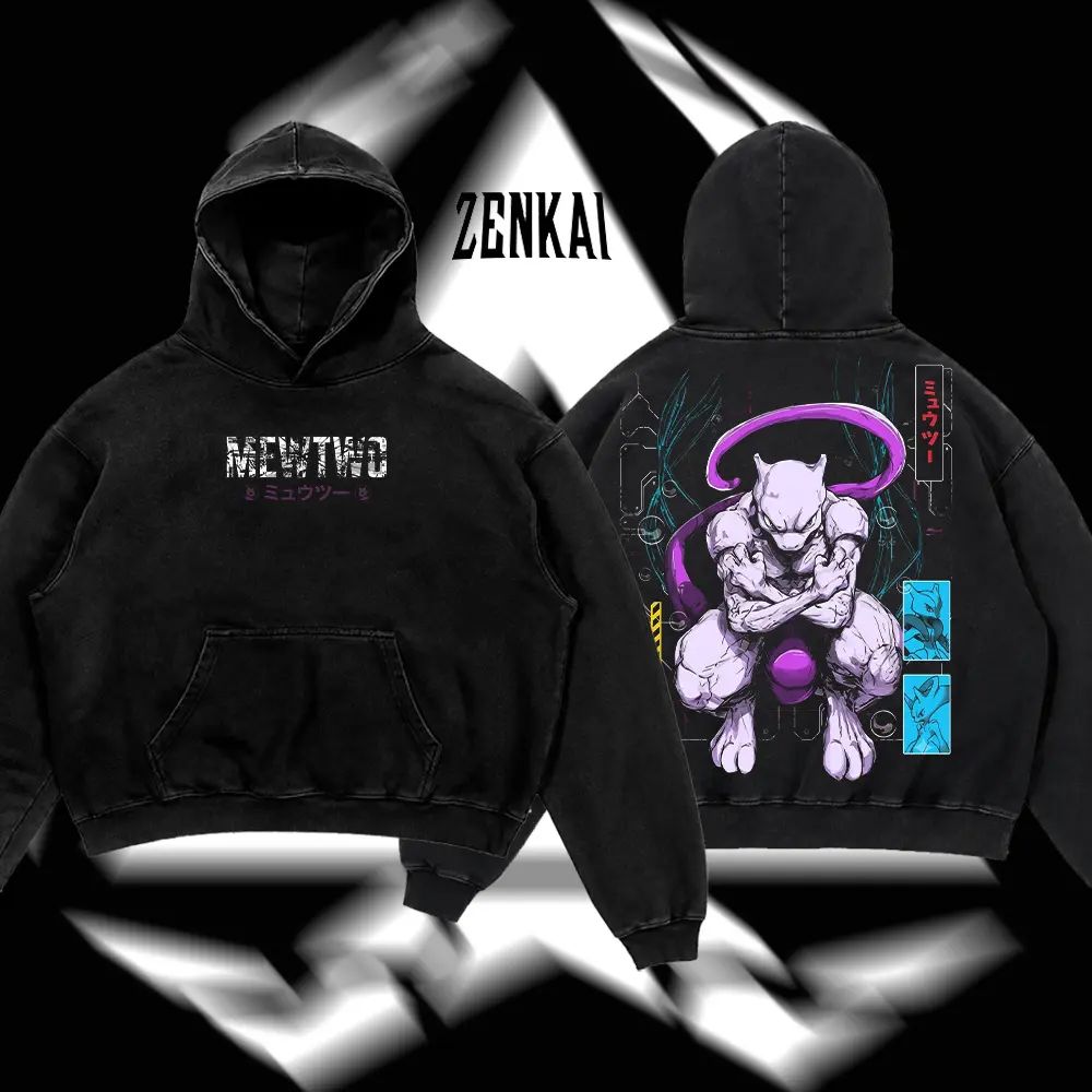 [ZenKai] Retro Limited Vintage Mewtwo Washed T-Shirt or Hoodie, Unisex Oversize Psychic Anime Monster Graphic Tee, Acid Washed Heavyweight Cotton Shirt, Anime Manga Streetwear Merch, Gift for Pokémon Fans